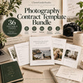 May include: A photography contract template bundle featuring 36 editable pages for Canva and PowerPoint. The set includes client forms, policies, releases, and business templates. Documents display text such as Photography Contract, Client Questionnaire, Model Release, and Investment Guide, alongside a gold pen and a dark green notebook.