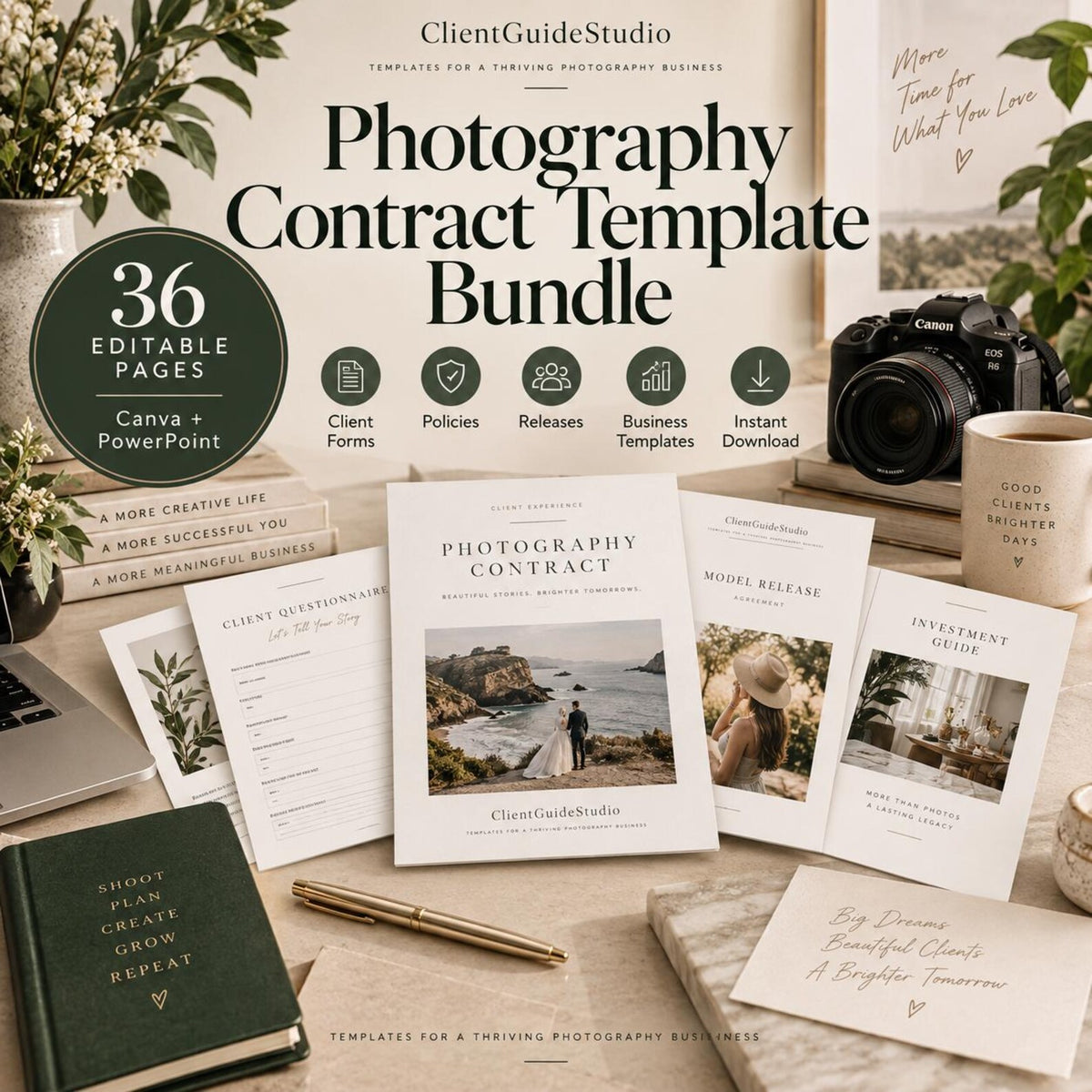 May include: A photography contract template bundle featuring 36 editable pages for Canva and PowerPoint. The set includes client forms, policies, releases, and business templates. Documents display text such as Photography Contract, Client Questionnaire, Model Release, and Investment Guide, alongside a gold pen and a dark green notebook.