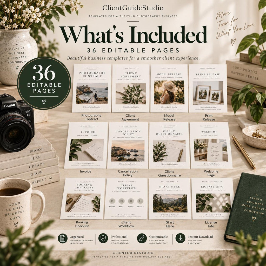 May include: A digital product display featuring 36 editable pages for a photography business. The collection includes templates for contracts, agreements, releases, invoices, and checklists, all presented with clean typography and imagery.