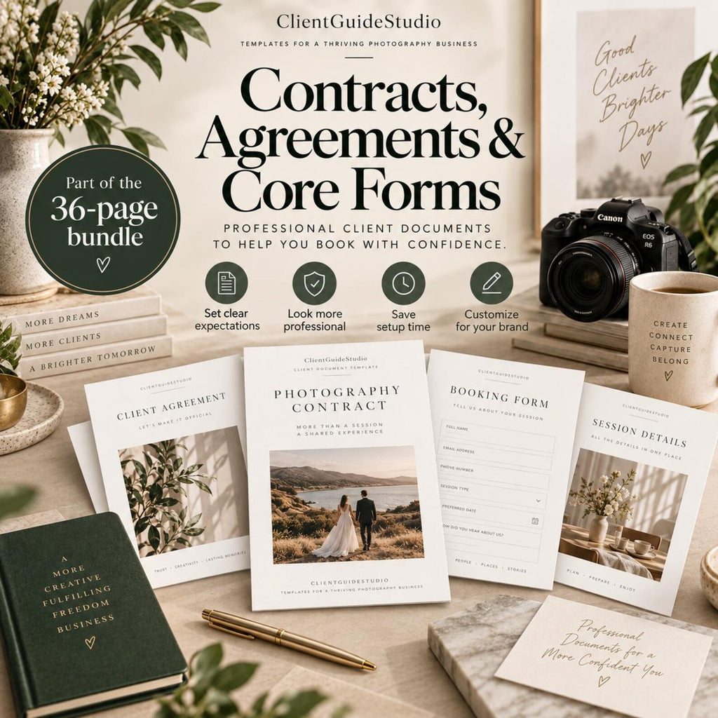 May include: A 36-page bundle of professional client documents including a photography contract, client agreement, booking form, and session details. The set features white paper templates with black text, a dark green notebook, and a gold pen.