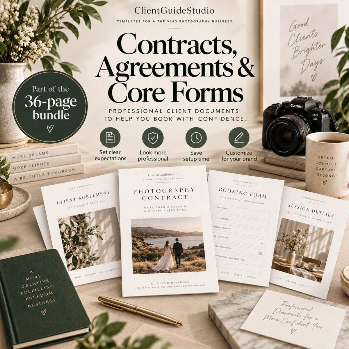 May include: A 36-page bundle of professional client documents including a photography contract, client agreement, booking form, and session details. The set features white paper templates with black text, a dark green notebook, and a gold pen.