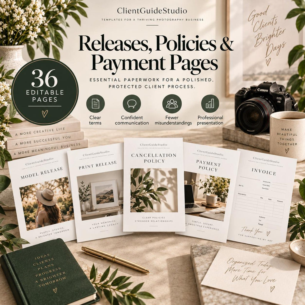 May include: A collection of 36 editable pages titled Releases, Policies & Payment Pages, featuring documents like Model Release, Print Release, Cancellation Policy, Payment Policy, and Invoice. Includes a dark green notebook and a gold pen.