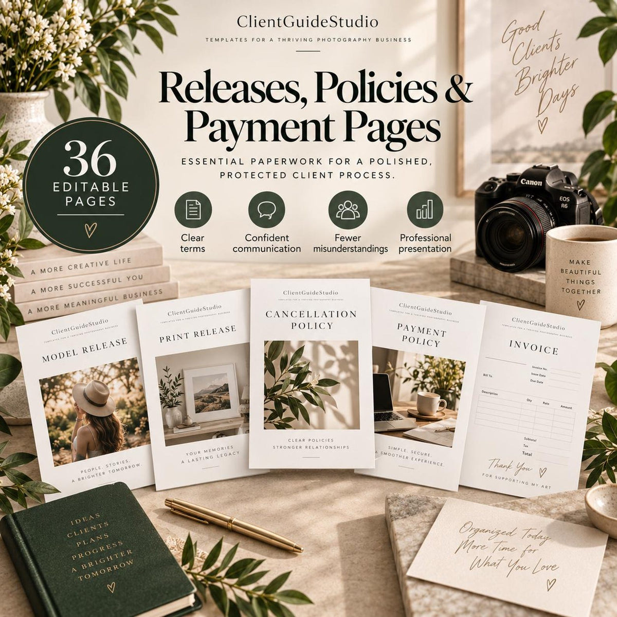 May include: A collection of 36 editable pages titled Releases, Policies & Payment Pages, featuring documents like Model Release, Print Release, Cancellation Policy, Payment Policy, and Invoice. Includes a dark green notebook and a gold pen.