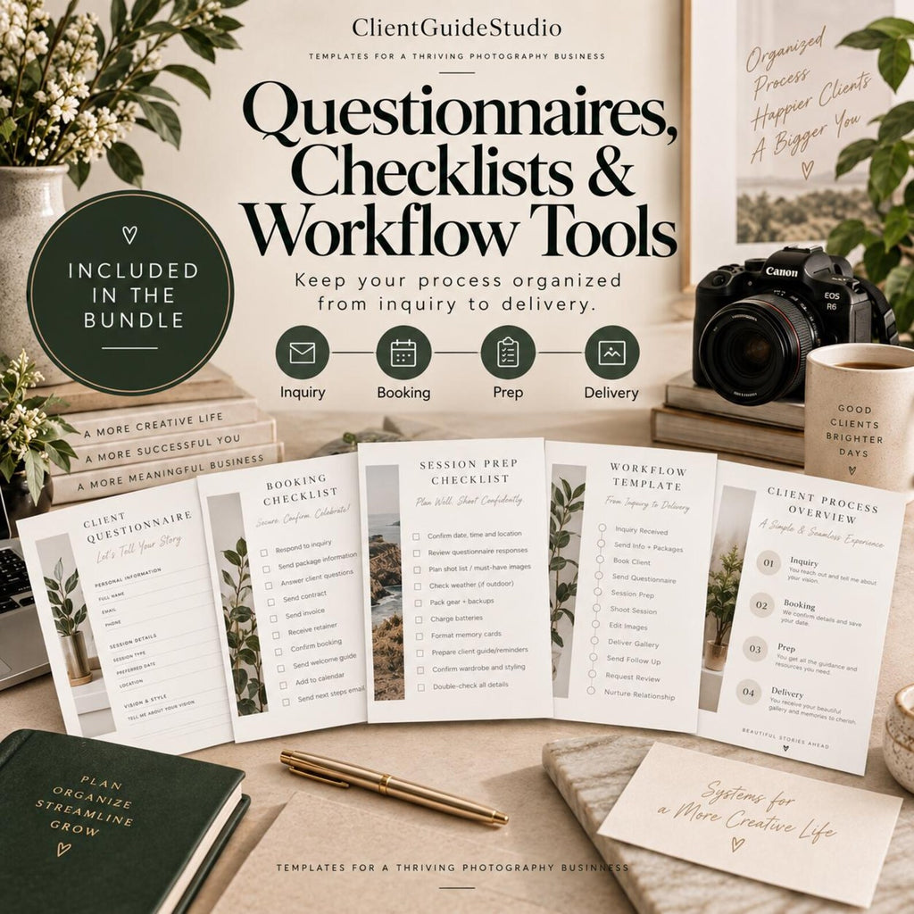 May include: A collection of photography business templates including a client questionnaire, booking checklist, session prep checklist, workflow template, and client process overview. The documents feature black text on white paper with botanical accents.