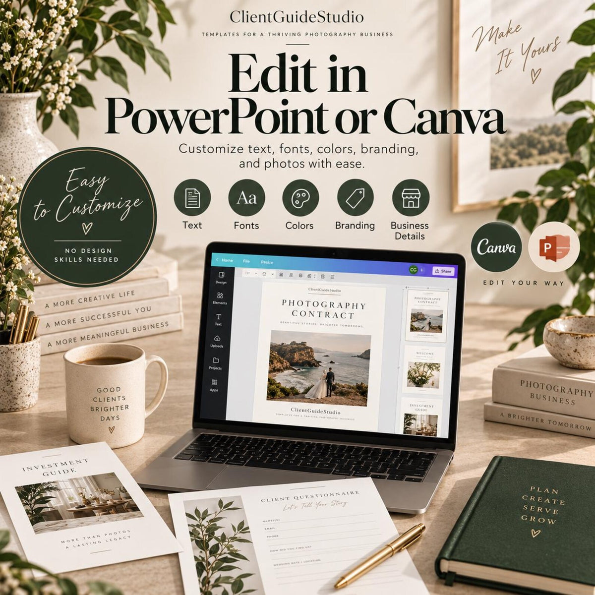 May include: A laptop displaying a photography contract template with text reading Edit in PowerPoint or Canva, ClientGuideStudio, and Make It Yours. The scene includes a mug with text, a notebook, printed guides, and a pen on a desk surface.