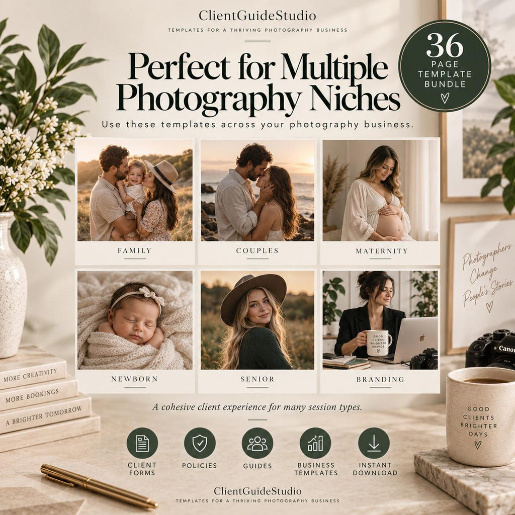 May include: A 36-page template bundle for photography businesses by ClientGuideStudio. The document features six photo panels showing family, couples, maternity, newborn, senior, and branding sessions, with icons for forms, policies, guides, and templates.