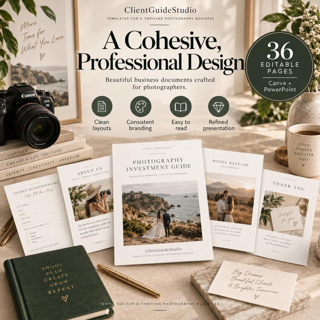 May include: A set of 36 editable photography business document templates including an investment guide, client questionnaire, and model release. The documents feature clean layouts, consistent branding, and text in English.