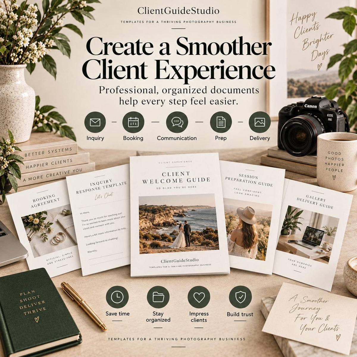 May include: A collection of photography business templates including a Client Welcome Guide, Booking Agreement, Inquiry Response, Session Preparation Guide, and Gallery Delivery Guide, featuring dark green icons and text on white paper documents.