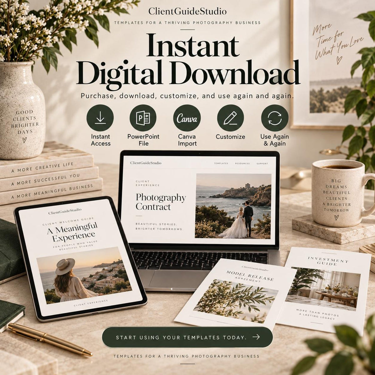 May include: A digital marketing template set for photography businesses featuring a laptop, tablet, and printed guides. The screen displays a photography contract and client welcome guide. Text includes Instant Digital Download and ClientGuideStudio.