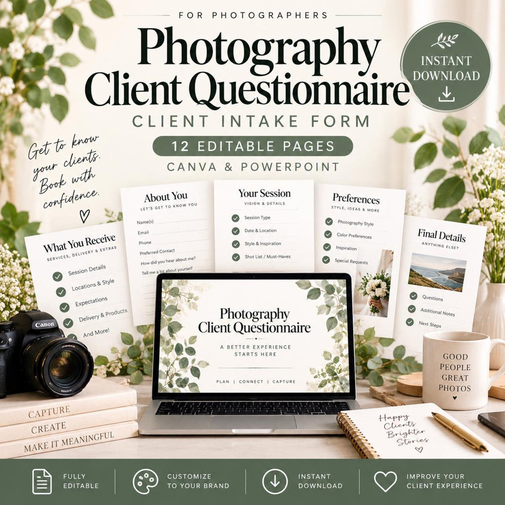 Photography Client Questionnaire Template | 12-Page Photographer Intake Form | Canva & PowerPoint image 1