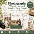 May include: A digital photography client guide template featuring 26 editable pages for Canva and PowerPoint. The guide includes sections for outfit inspiration, session prep checklists, and color palettes, displayed with a camera and mug.