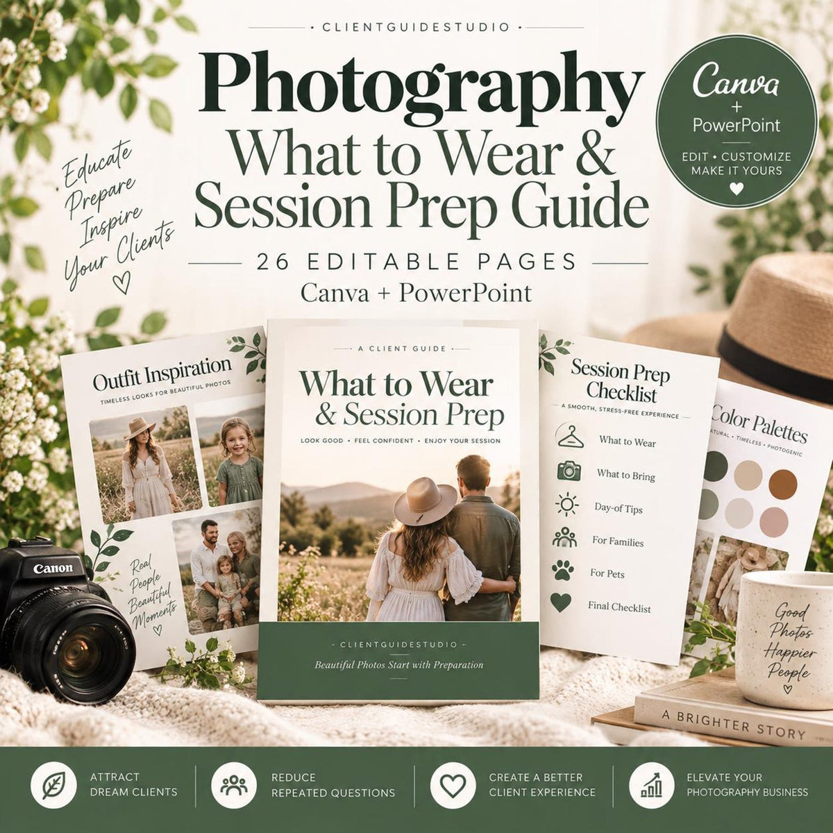 May include: A digital photography client guide template featuring 26 editable pages for Canva and PowerPoint. The guide includes sections for outfit inspiration, session prep checklists, and color palettes, displayed with a camera and mug.