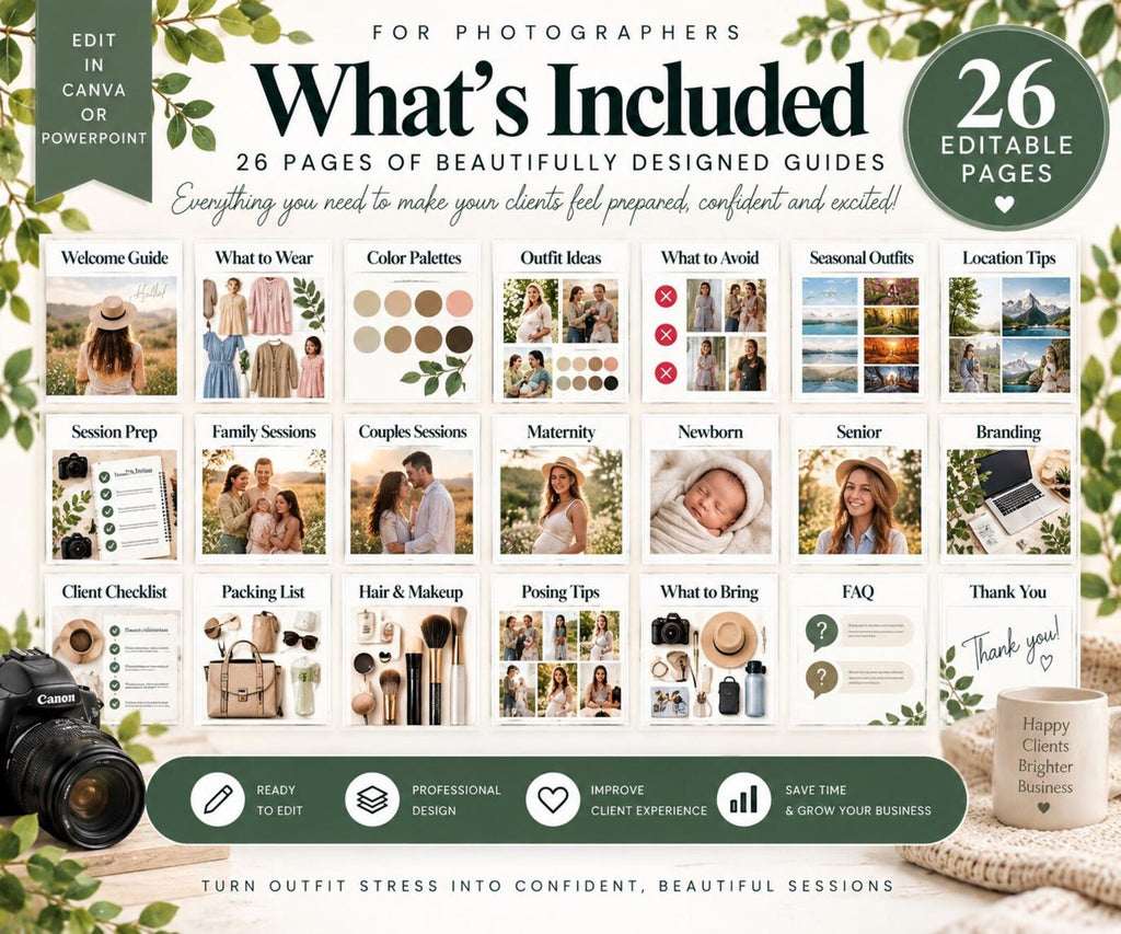 May include: A digital template set for photographers featuring 26 editable pages of guides. The layout includes sections for welcome guides, outfit ideas, color palettes, session prep, and checklists, all presented with a cohesive green and white theme.