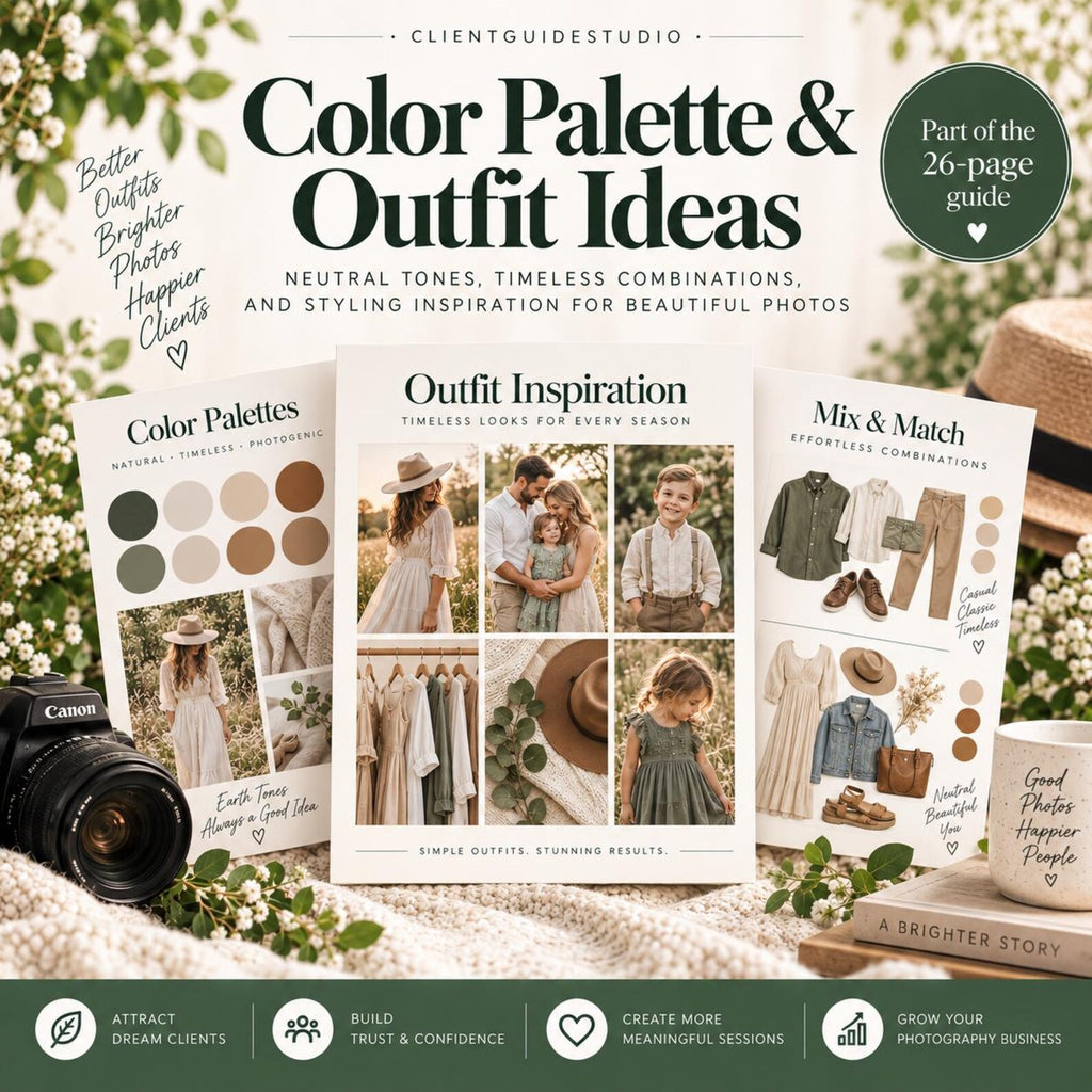 May include: A 26-page digital guide titled Color Palette & Outfit Ideas featuring photography styling tips. The pages display neutral color swatches, outfit collages with clothing items, and photos of people in natural settings. Text includes Outfit Inspiration, Mix & Match, and Simple Outfits, Stunning Results.