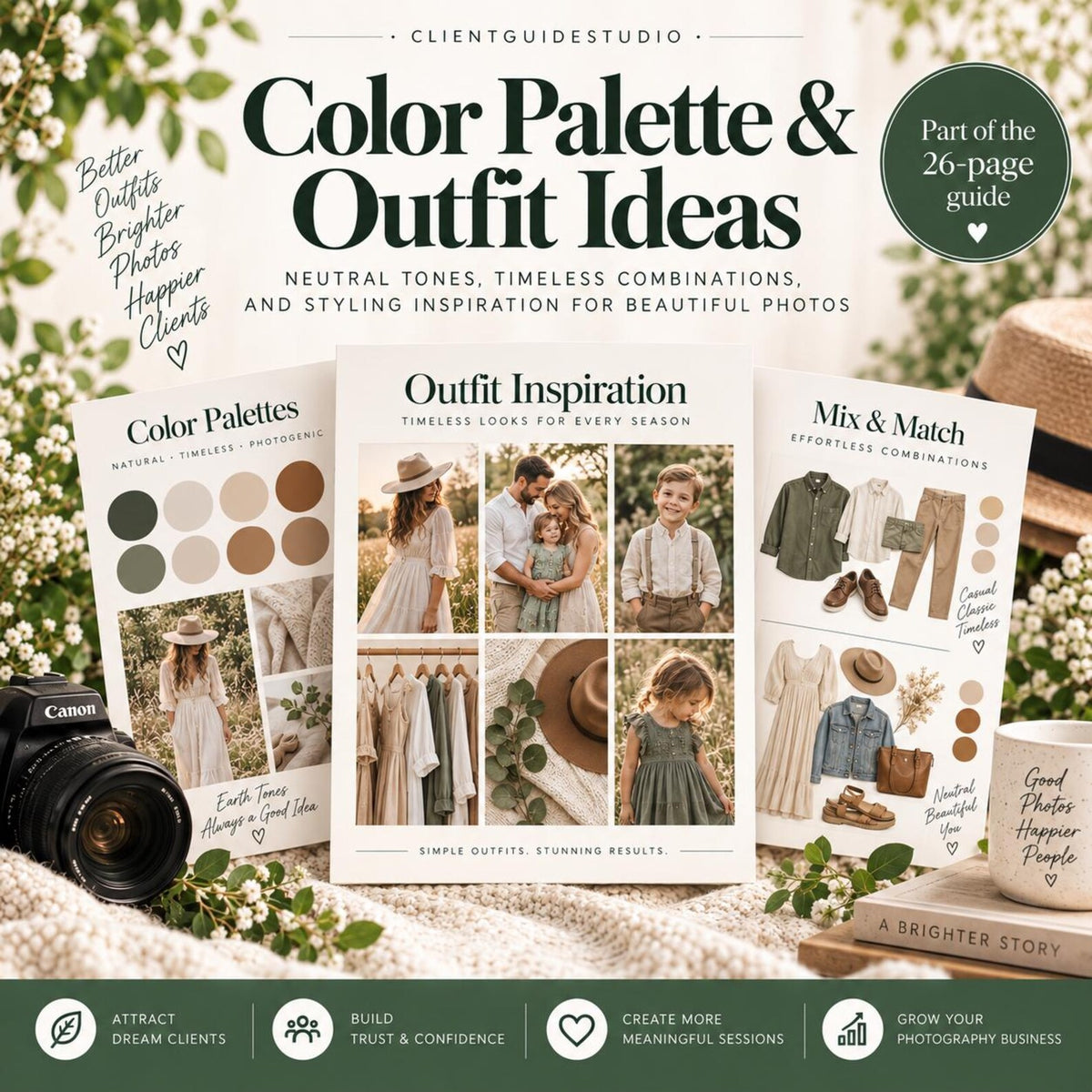 May include: A 26-page digital guide titled Color Palette & Outfit Ideas featuring photography styling tips. The pages display neutral color swatches, outfit collages with clothing items, and photos of people in natural settings. Text includes Outfit Inspiration, Mix & Match, and Simple Outfits, Stunning Results.