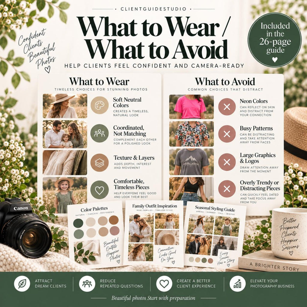 May include: A digital photography guide titled What to Wear / What to Avoid, featuring sections on styling tips for clients. The document includes text, photo examples, color palettes, and seasonal advice, presented on a white background with a camera.