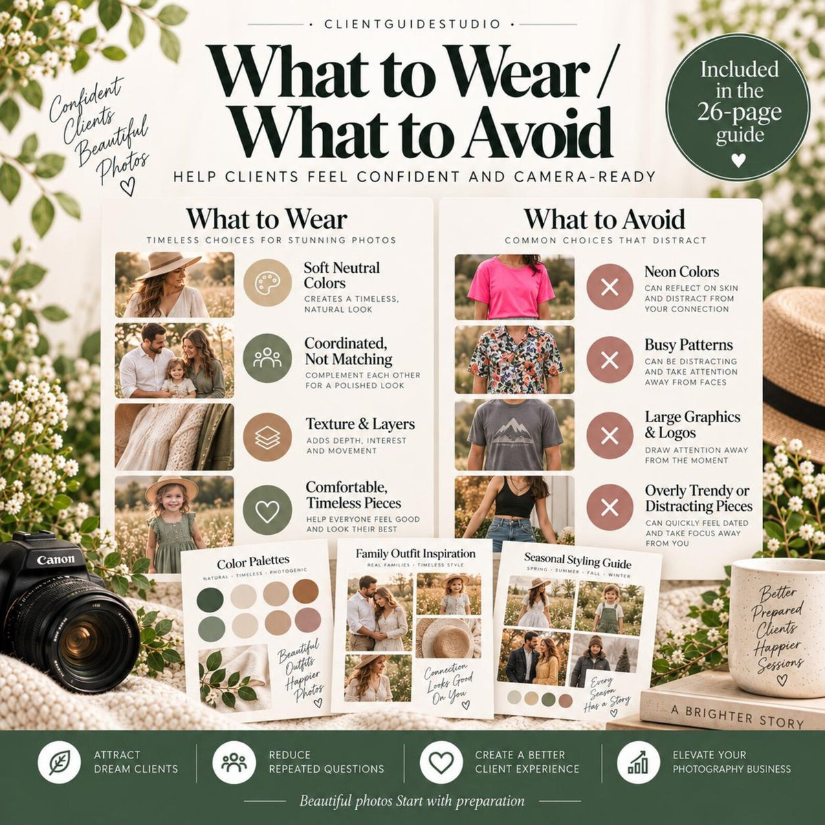 May include: A digital photography guide titled What to Wear / What to Avoid, featuring sections on styling tips for clients. The document includes text, photo examples, color palettes, and seasonal advice, presented on a white background with a camera.