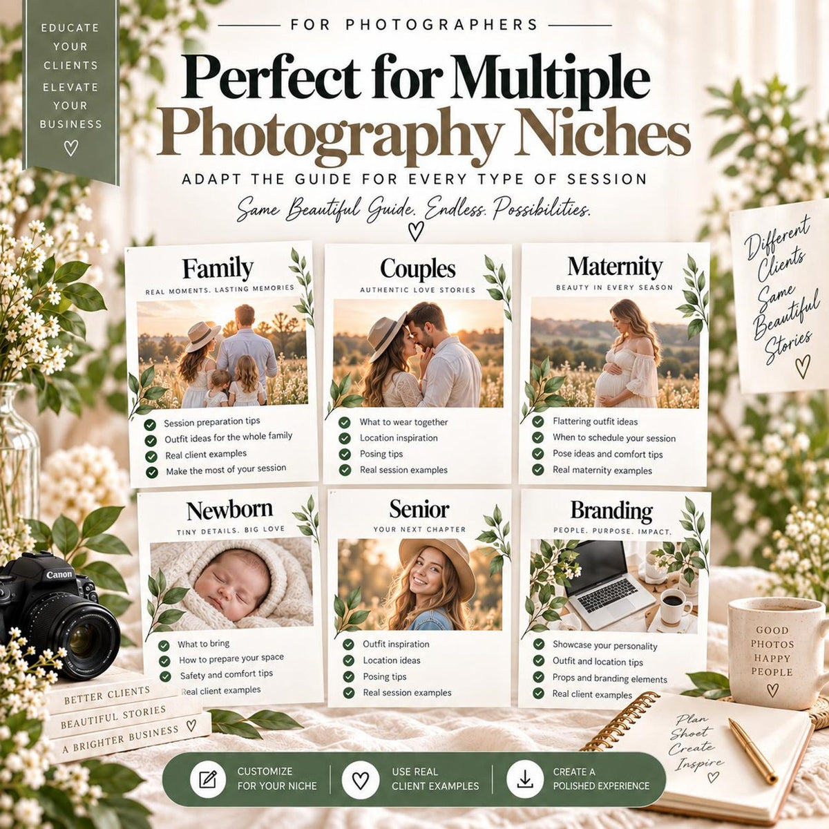 May include: A photography guide featuring six cards titled Family, Couples, Maternity, Newborn, Senior, and Branding. The text reads For Photographers, Perfect for Multiple Photography Niches, and Adapt the guide for every type of session.