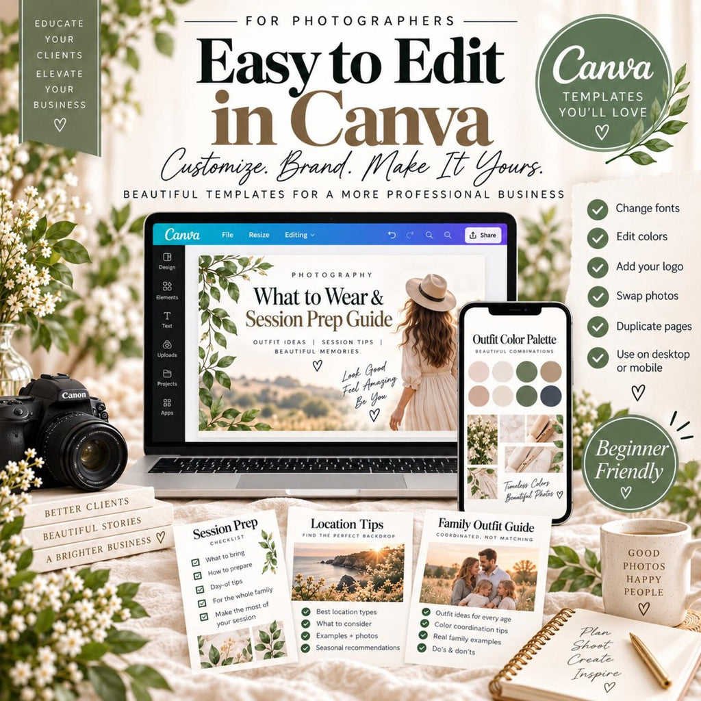 May include: A digital marketing kit for photographers featuring Canva templates displayed on a laptop and smartphone screen, alongside printed guides, a camera, and a mug with the text Good Photos Happy People, all arranged for business branding.