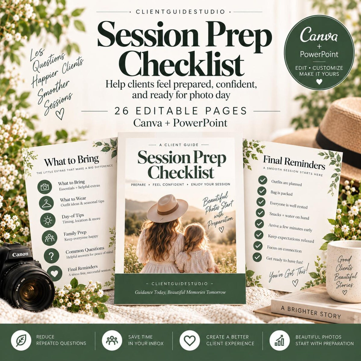 May include: A digital session prep checklist template with 26 editable pages for Canva and PowerPoint. The document features text including Session Prep Checklist, What to Bring, and Final Reminders, displayed alongside a photo of two people.