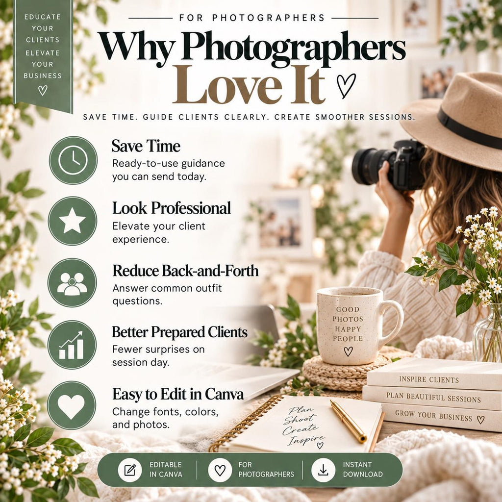 May include: A marketing graphic for photographers featuring text Why Photographers Love It, Save Time, Look Professional, Reduce Back-and-Forth, Better Prepared Clients, and Easy to Edit in Canva. A mug reads Good Photos Happy People.