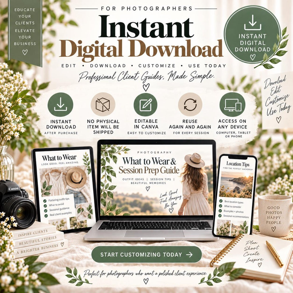 May include: A digital marketing graphic for photographers featuring the text Instant Digital Download, What to Wear & Session Prep Guide, and Location Tips displayed on a laptop, tablet, and smartphone screen with icons for editing and access.
