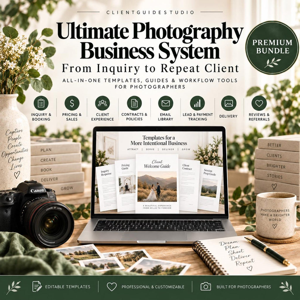 May include: A digital photography business system bundle featuring a laptop displaying templates, a Canon camera, a notebook with handwritten text, a mug, and decorative books. The text reads Ultimate Photography Business System and Premium Bundle.