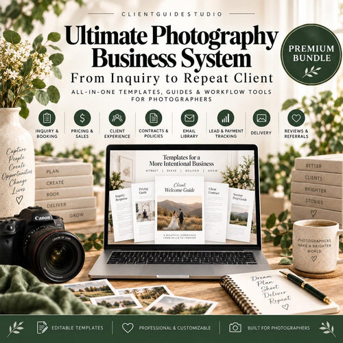 May include: A digital photography business system bundle featuring a laptop displaying templates, a Canon camera, a notebook with handwritten text, a mug, and decorative books. The text reads Ultimate Photography Business System and Premium Bundle.
