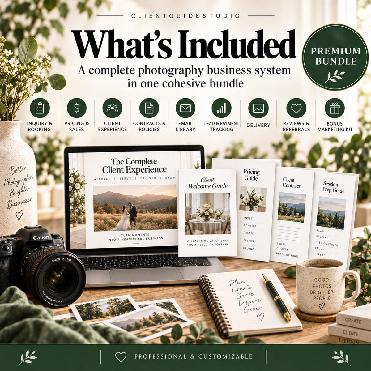 May include: A photography business system bundle featuring a laptop displaying The Complete Client Experience, printed guides, a spiral notebook with a pen, a camera, and a mug labeled Good Photos Brighter People, all set against a neutral background.