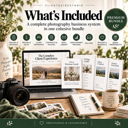 May include: A photography business system bundle featuring a laptop displaying The Complete Client Experience, printed guides, a spiral notebook with a pen, a camera, and a mug labeled Good Photos Brighter People, all set against a neutral background.