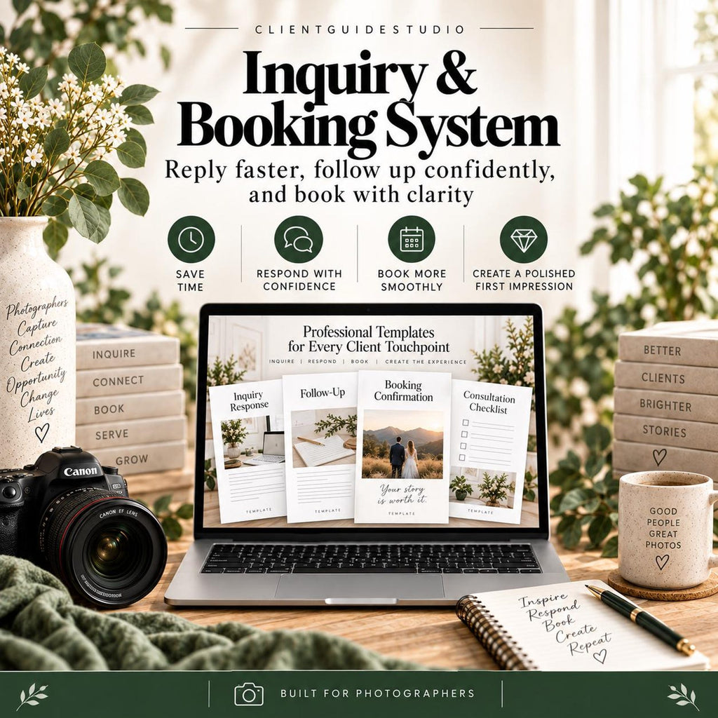 May include: A laptop displaying an Inquiry & Booking System for photographers, featuring professional templates for client touchpoints. The screen shows documents titled Inquiry Response, Follow-Up, Booking Confirmation, and Consultation Checklist.