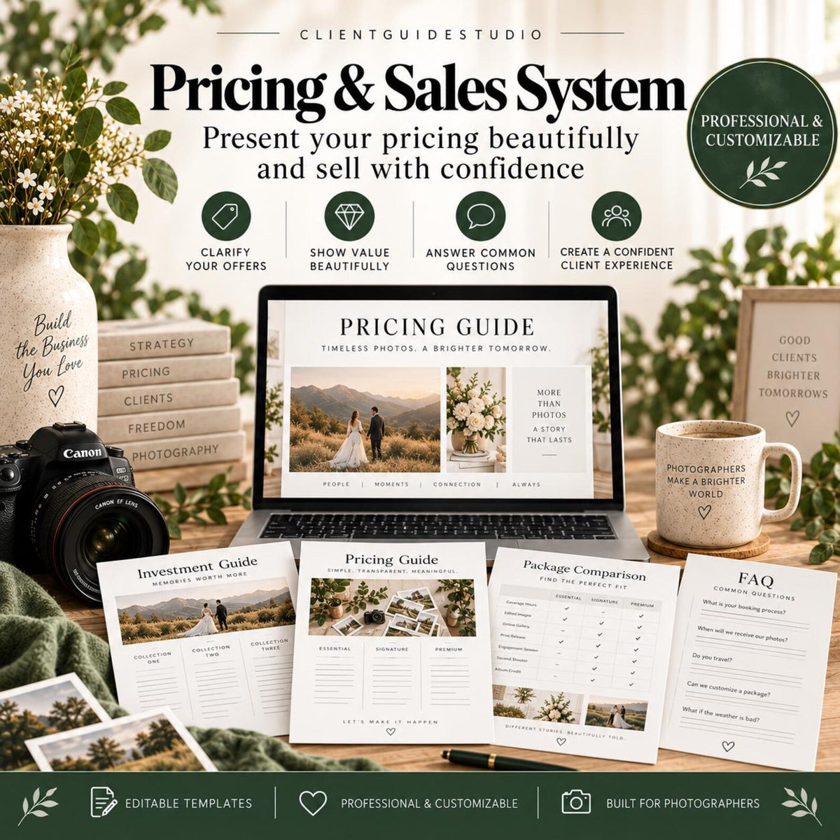 May include: A digital pricing and sales system template for photographers displayed on a laptop screen, accompanied by printed guide documents, a camera, and a mug. The text includes Pricing & Sales System, Pricing Guide, Investment Guide, and FAQ.