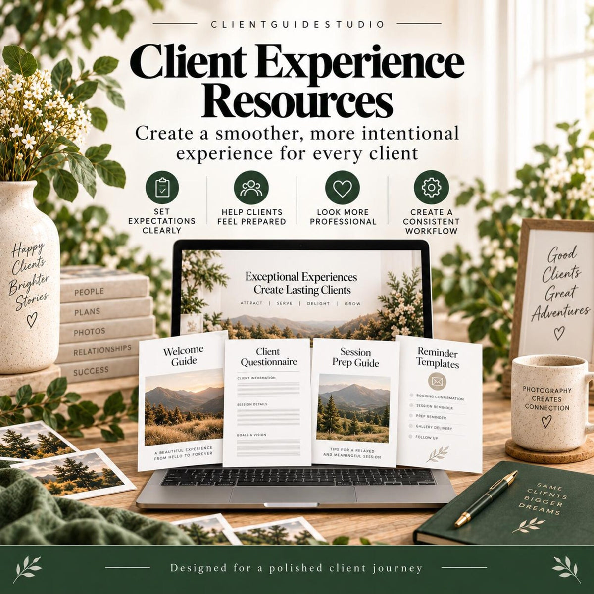 May include: A digital product display featuring a laptop screen showing Client Experience Resources, surrounded by printed guides labeled Welcome Guide, Client Questionnaire, Session Prep Guide, and Reminder Templates, with branded stationery and decor.