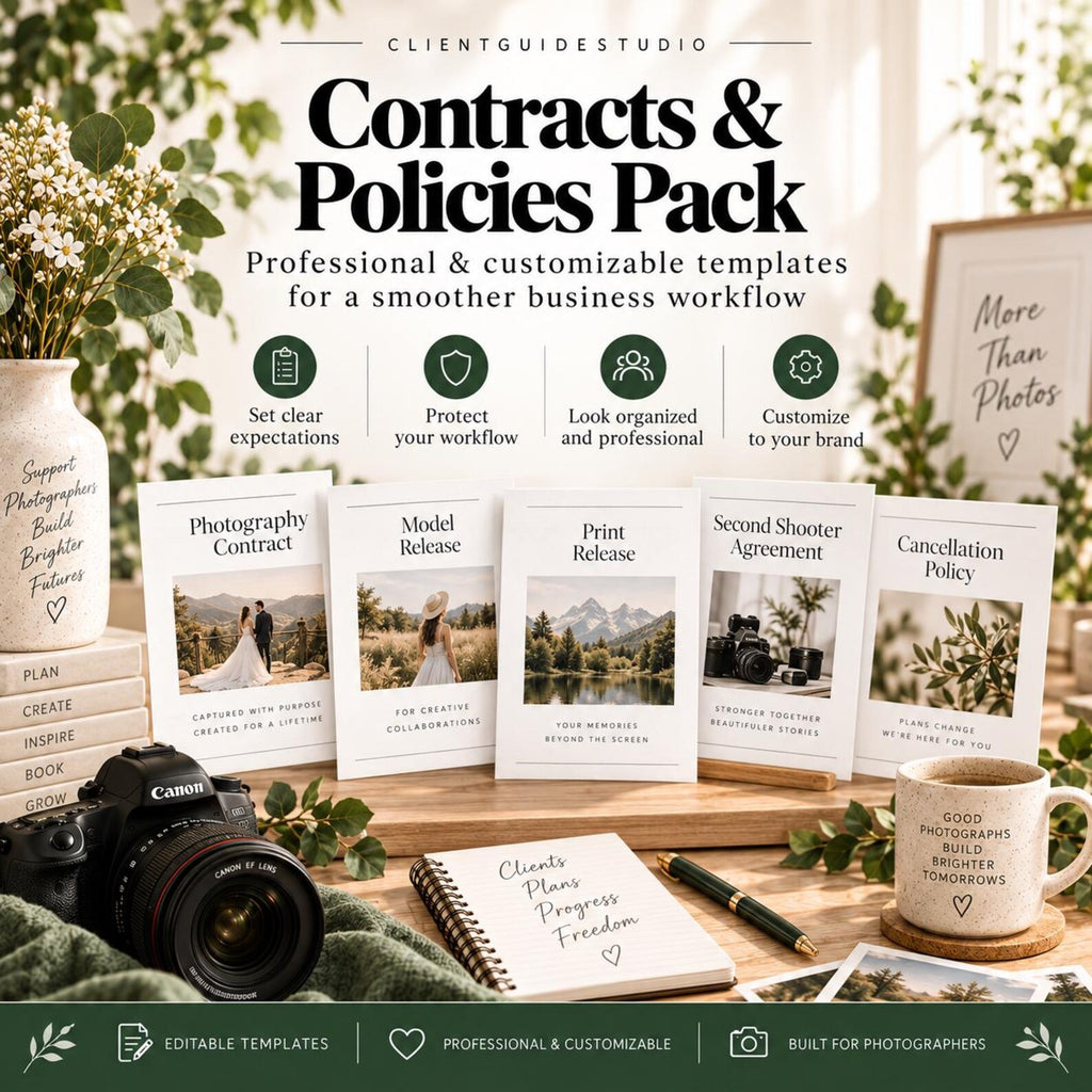 May include: A Contracts & Policies Pack featuring professional templates for photographers. Includes documents titled Photography Contract, Model Release, Print Release, Second Shooter Agreement, and Cancellation Policy, alongside a camera and notebook.