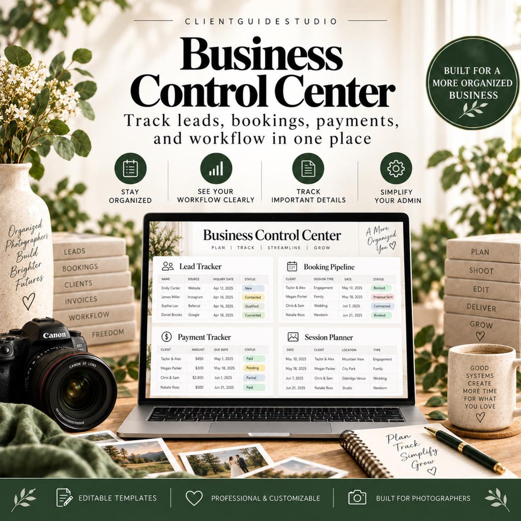 May include: A digital business control center template displayed on a laptop screen, featuring sections for lead tracking, booking pipelines, payment tracking, and session planning. The interface includes text headers and organized data tables for business management.