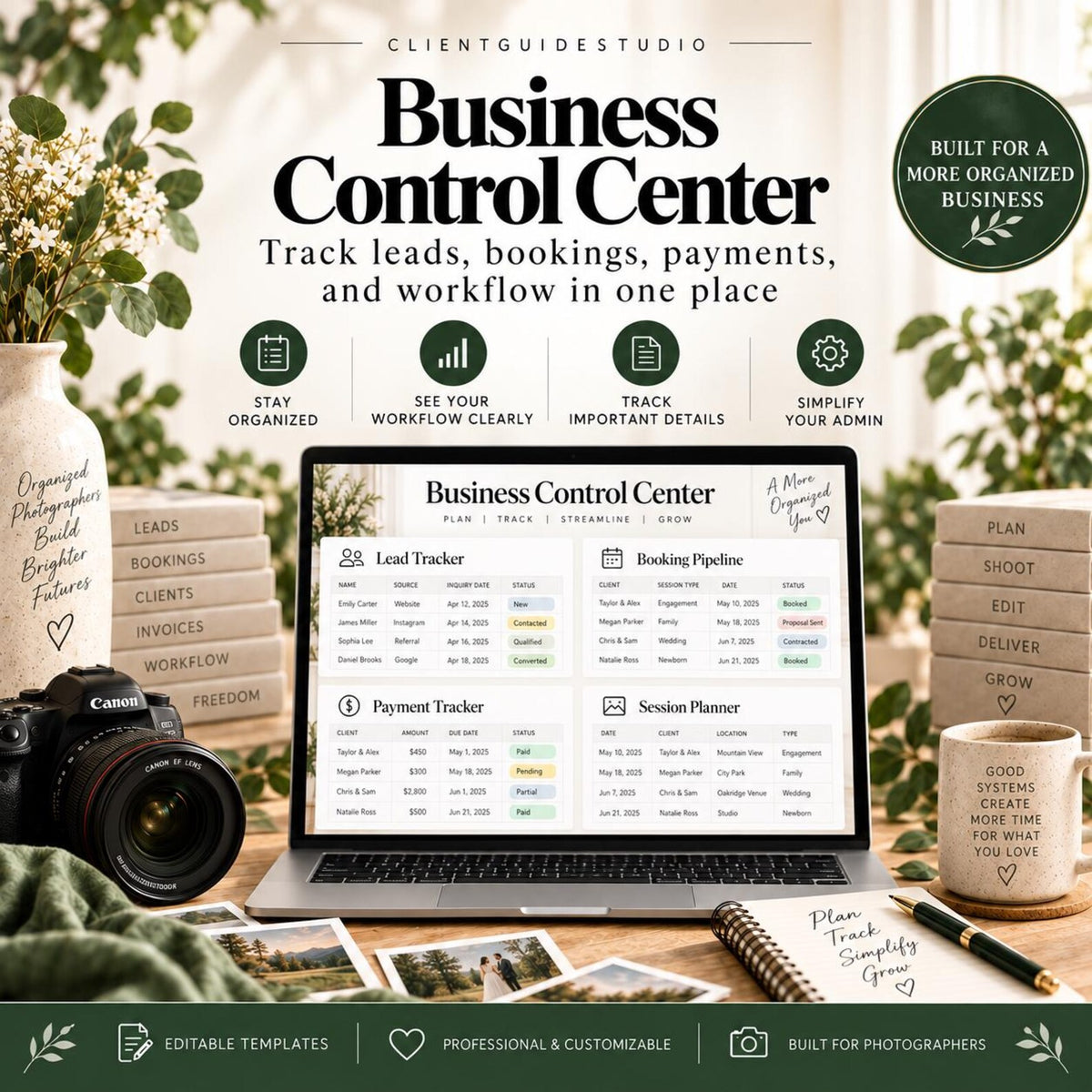 May include: A digital business control center template displayed on a laptop screen, featuring sections for lead tracking, booking pipelines, payment tracking, and session planning. The interface includes text headers and organized data tables for business management.