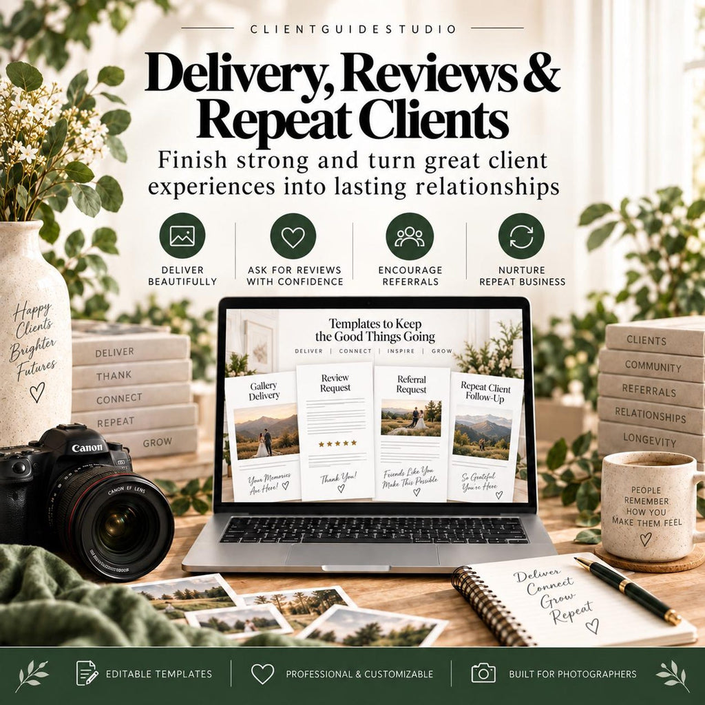 May include: A digital marketing template set for photographers displayed on a laptop screen, featuring text Delivery, Reviews & Repeat Clients. Includes a camera, a notebook with handwritten text, a ceramic mug, and stacked books with labels.