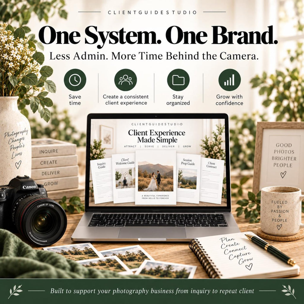 May include: A laptop displaying the ClientGuideStudio website with digital guides for photographers. The screen shows text including Client Experience Made Simple, Attract, Serve, Deliver, Grow, and a photo of a couple in a field.