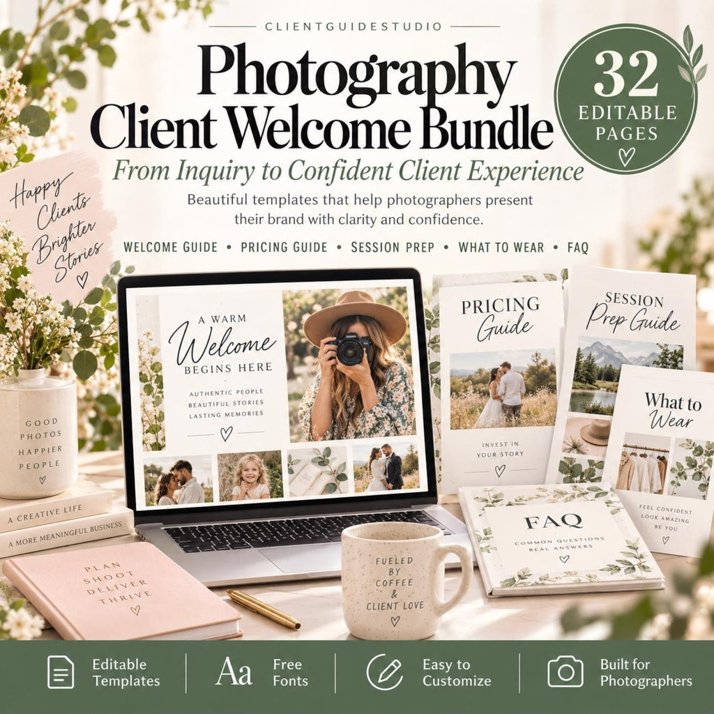 May include: A Photography Client Welcome Bundle featuring 32 editable pages, including a laptop displaying a welcome guide, a pricing guide, a session prep guide, a FAQ booklet, and a pink planner. The text includes Photography Client Welcome Bundle.
