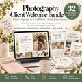May include: A Photography Client Welcome Bundle featuring 32 editable pages, including a laptop displaying a welcome guide, a pricing guide, a session prep guide, a FAQ booklet, and a pink planner. The text includes Photography Client Welcome Bundle.