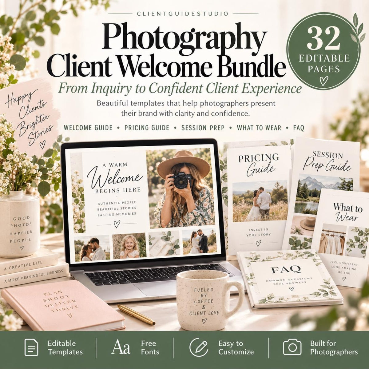 May include: A Photography Client Welcome Bundle featuring 32 editable pages, including a laptop displaying a welcome guide, a pricing guide, a session prep guide, a FAQ booklet, and a pink planner. The text includes Photography Client Welcome Bundle.