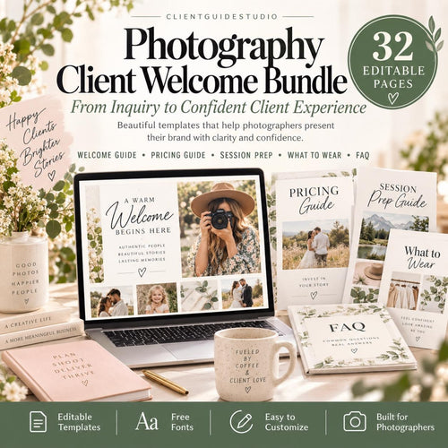 May include: A Photography Client Welcome Bundle featuring 32 editable pages, including a laptop displaying a welcome guide, a pricing guide, a session prep guide, a FAQ booklet, and a pink planner. The text includes Photography Client Welcome Bundle.