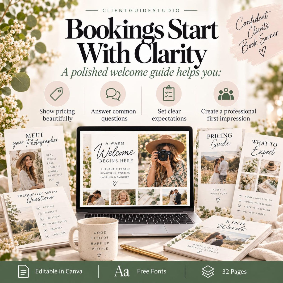 May include: A digital welcome guide template for photographers displayed on a laptop screen, surrounded by printed brochures, a mug with the text Good Photos Happier People, and a gold pen. The design features text including Bookings Start With Clarity.