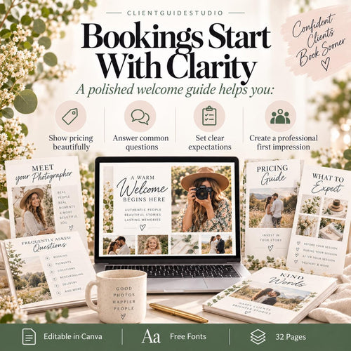 May include: A digital welcome guide template for photographers displayed on a laptop screen, surrounded by printed brochures, a mug with the text Good Photos Happier People, and a gold pen. The design features text including Bookings Start With Clarity.