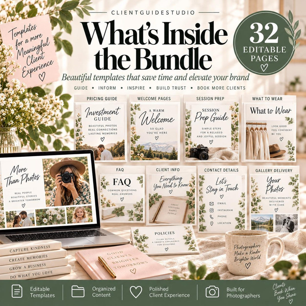 May include: A digital marketing bundle for photographers featuring 32 editable pages, including pricing guides, welcome pages, session prep, and FAQ templates. The display includes a laptop, a pink notebook, and a mug with text on a desk.