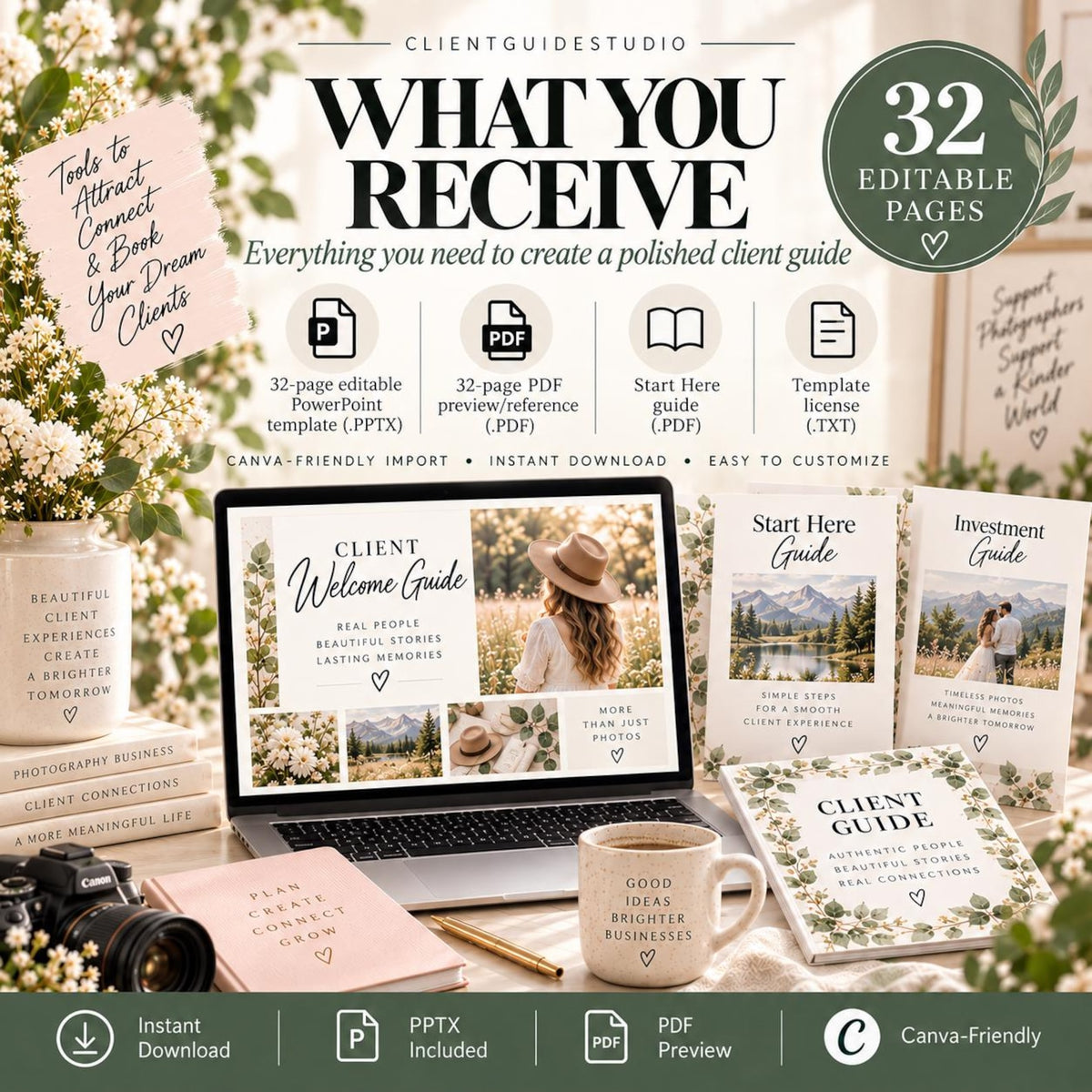 May include: A digital client guide template set featuring 32 editable pages, including a PowerPoint file, PDF reference, and start guide. The display shows a laptop with a welcome guide, a printed client guide, and a mug labeled Good Ideas Brighter Businesses.