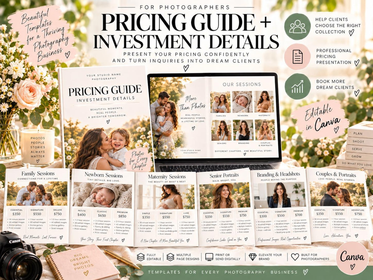 May include: A photography pricing guide template set featuring a laptop displaying session pages, printed brochures for family, newborn, maternity, senior, branding, and couples sessions, a notebook, and a camera, all with text and photo placeholders.