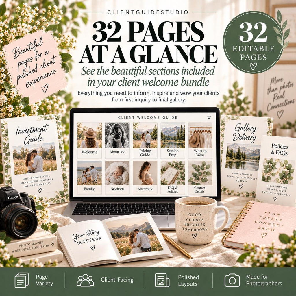 May include: A digital client welcome guide displayed on a laptop screen, surrounded by printed booklets, a camera, and a mug. The text reads 32 PAGES AT A GLANCE, CLIENT WELCOME GUIDE, and various section titles like Investment Guide and Gallery Delivery.