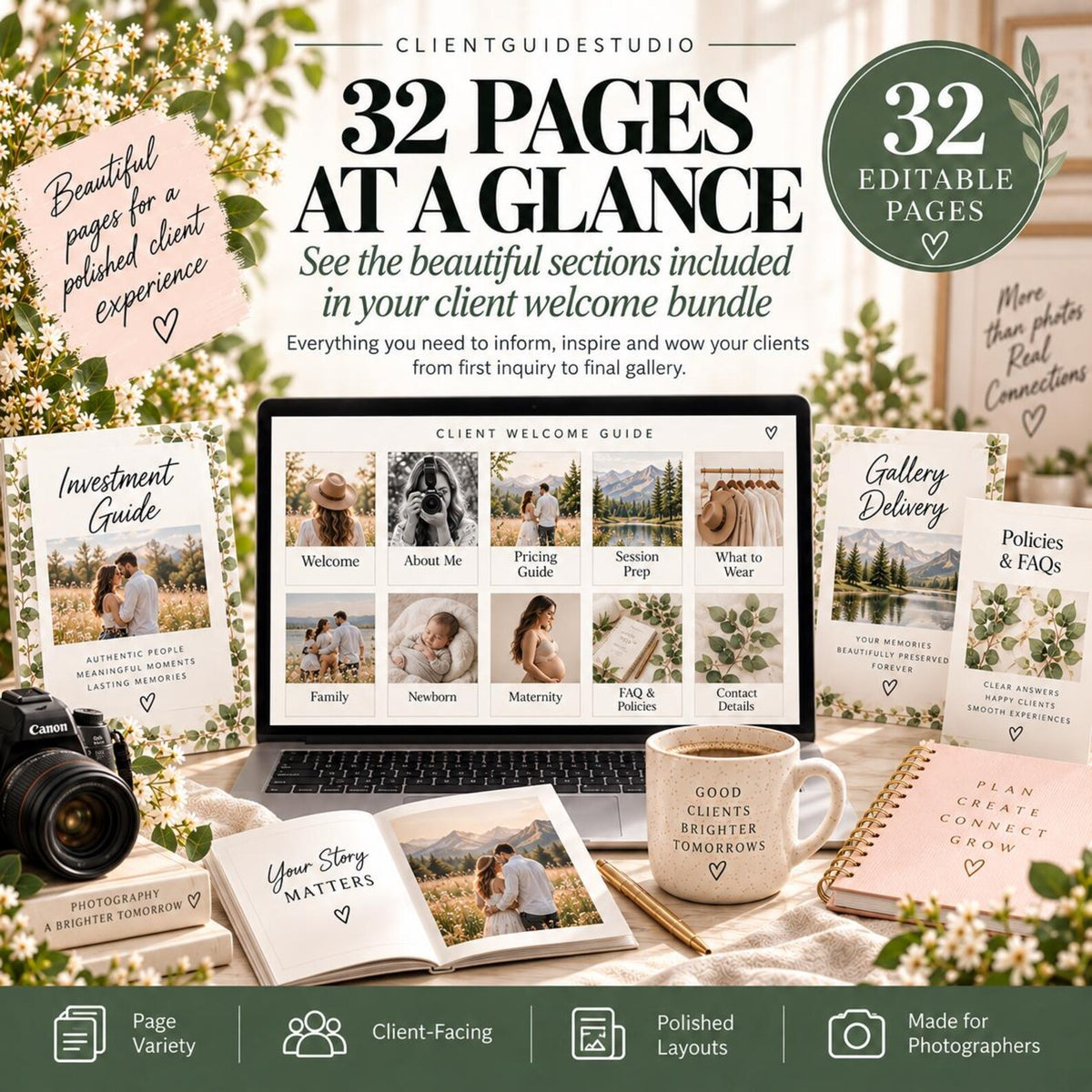 May include: A digital client welcome guide displayed on a laptop screen, surrounded by printed booklets, a camera, and a mug. The text reads 32 PAGES AT A GLANCE, CLIENT WELCOME GUIDE, and various section titles like Investment Guide and Gallery Delivery.