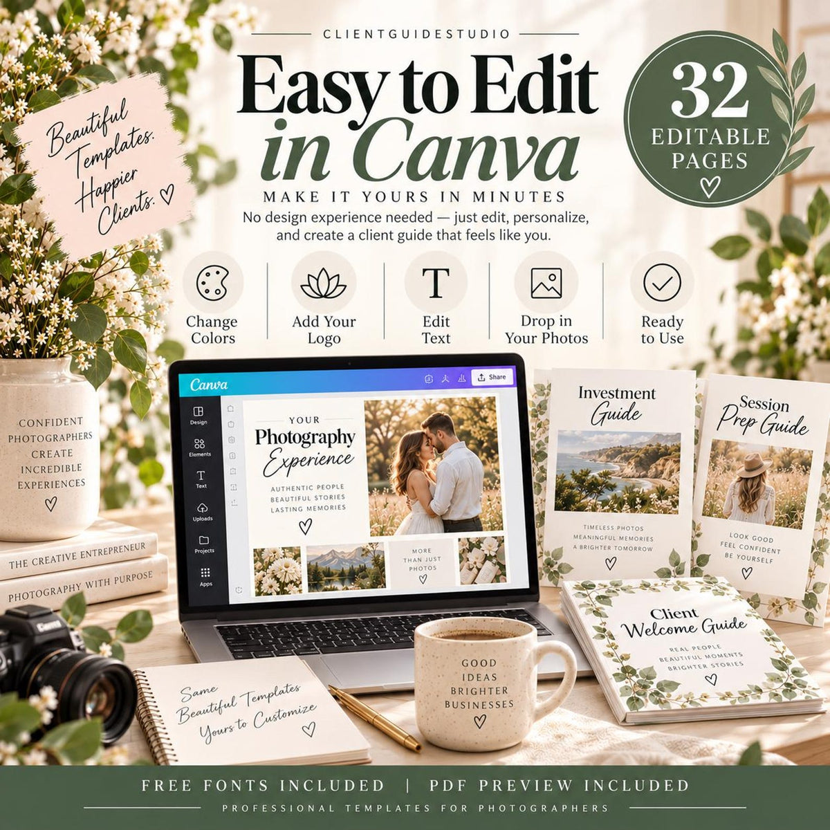 May include: A digital marketing template set for photographers featuring 32 editable pages. The display shows a laptop with a Canva interface, a spiral notebook, a ceramic mug with text, and printed guides labeled Investment, Session Prep, and Client Welcome.